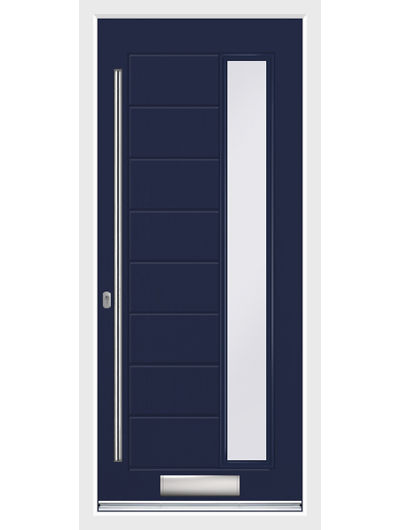 A Monza Glazed Hinge composite front door in blue with sandblasted glass