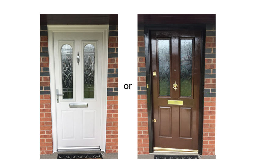 A white composite door and the brown wooden door it replaced