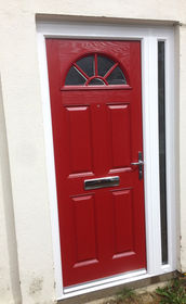 Essex red composite front door with side panel