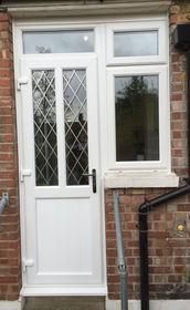 Cardiff Diamond Lead 2 white upvc back door with toplight & flag window