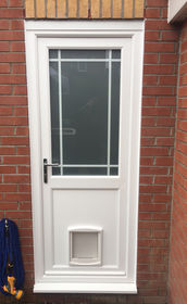 Plymouth Edwardian Bar white upvc back door with catflap