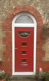 Durham Green Fusion Ellipse red composite front door with arched toplight