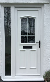 Aberdeen Georgian Bar white upvc front door with side panel