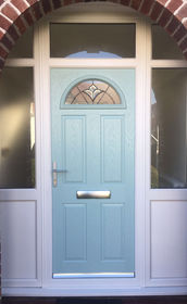 Surrey Petal duck egg blue composite front door with toplights and side panels