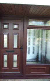 Harrow Agnello mahogany upvc front door with porch windows